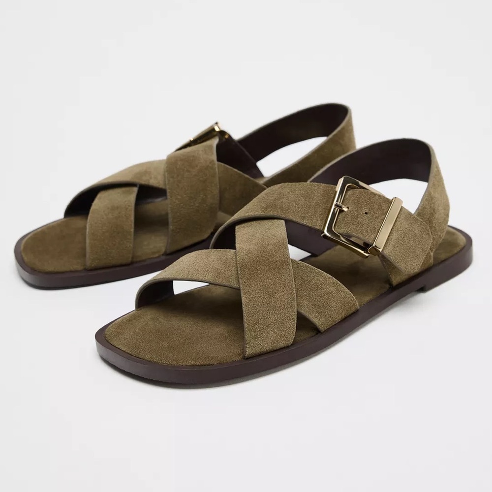 Zara Flat Suede Open Toe Strappy Sandals Sz:8 Khaki Green